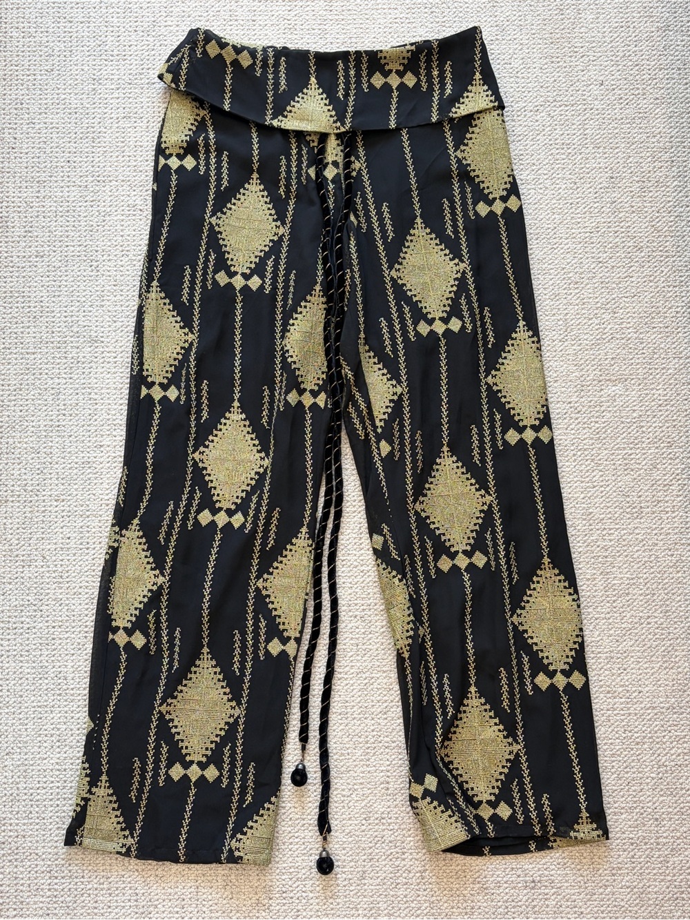 Le Lis Blanc Black Gold Embroidered Wide Leg Pants Tassel Tie S/M Size